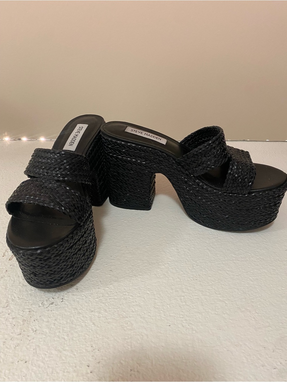 Steve Madden Black Woven Platform Slide Sandals
